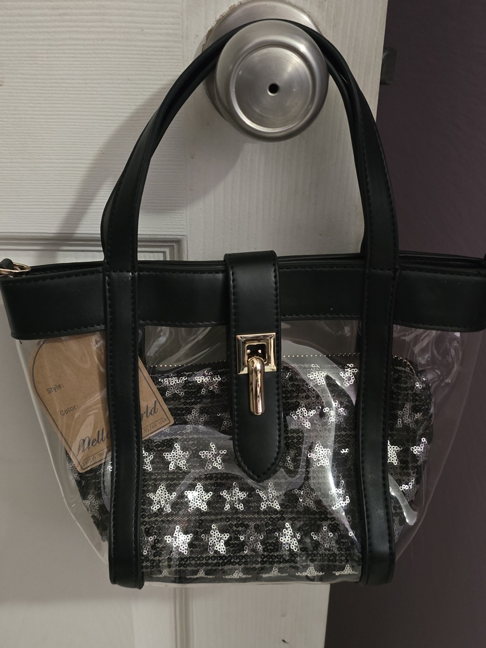 Clear Tote Bag with Black Trim and Sequin Pouch